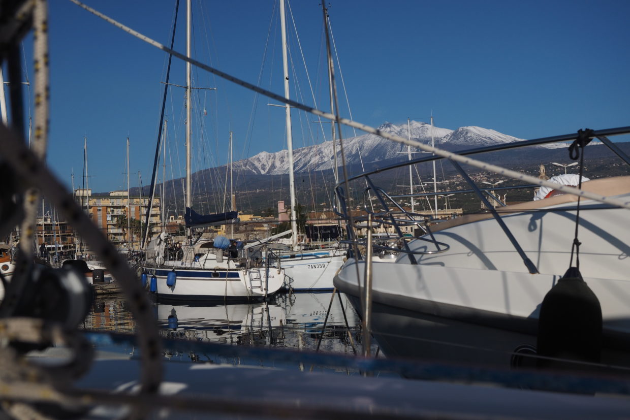 View of Mt. Etna from the boat in the marina